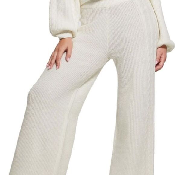 GUESS Women's Rylie Cable-Knit Wide-Leg Dove White Large Pants - Picture 1 of 7